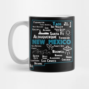 Cute map of Taos New Mexico Albuquerque Santa Fe Los Alamos, Roswell Las Cruces Deming Carlsbad Hobbs Silver City Mug